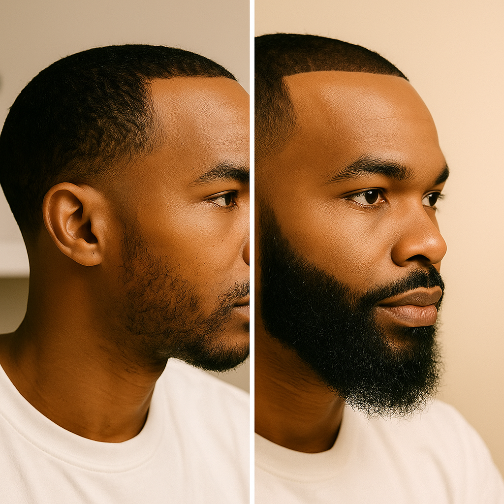 Before and After Results - Dramatic beard transformation showing patchy beard to full, thick beard