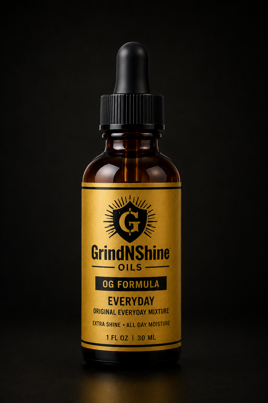 GrindNShine Everyday OG Formula beard oil in 1 oz amber dropper bottle